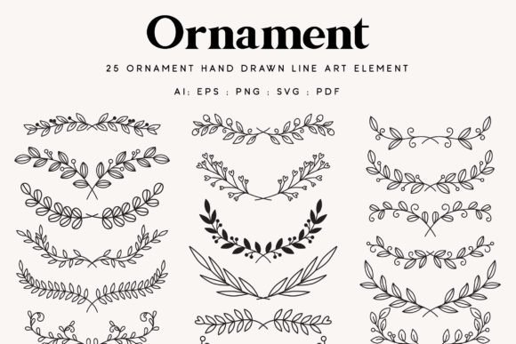 Download 25 Leaf Ornament Wedding Lineart Element - Linear Collection